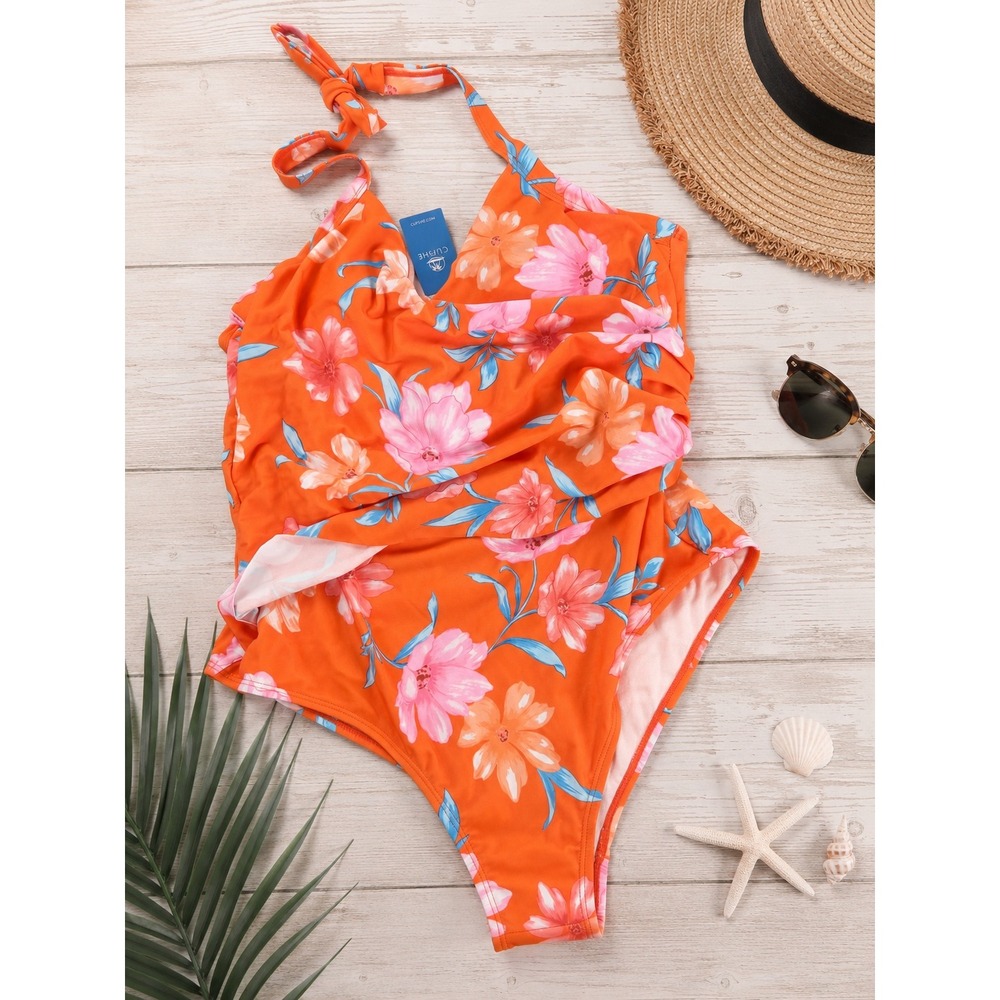 Cupshe Womens‎ Orange Floral Ruched Halter One Piece Swimsuit CAA12E3D037KD L